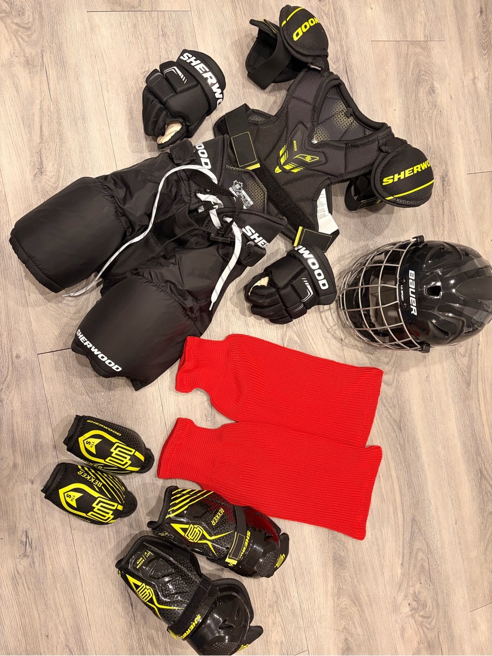 Sherwood Youth Hockey Gear Set in Black & Neon Yellow with Red Socks